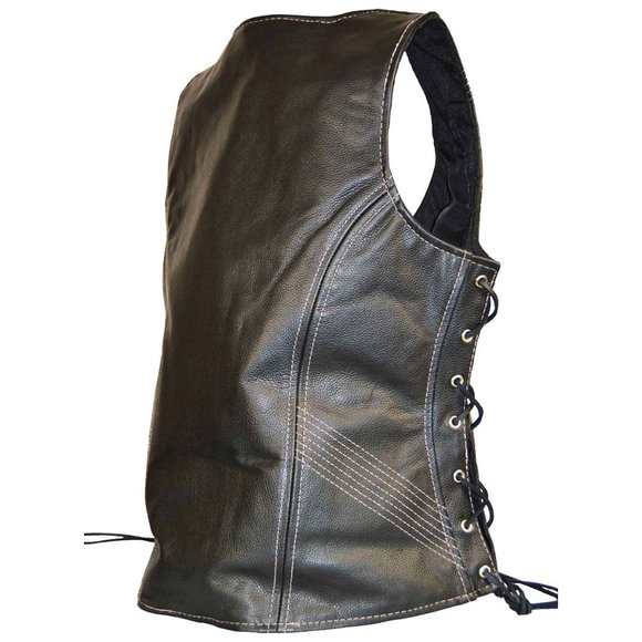 Women's Black Lace Side Zipper Pocket Premium Cowhide Leather Biker Vest - Picture 8 of 13